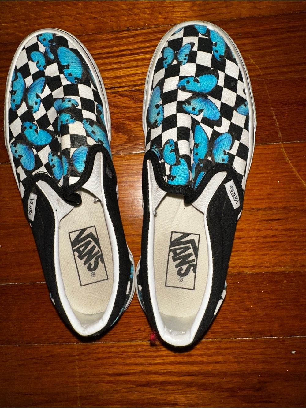Vans Slip-On Sneakers in Black & Blue Checkerboard with Butterfly Print